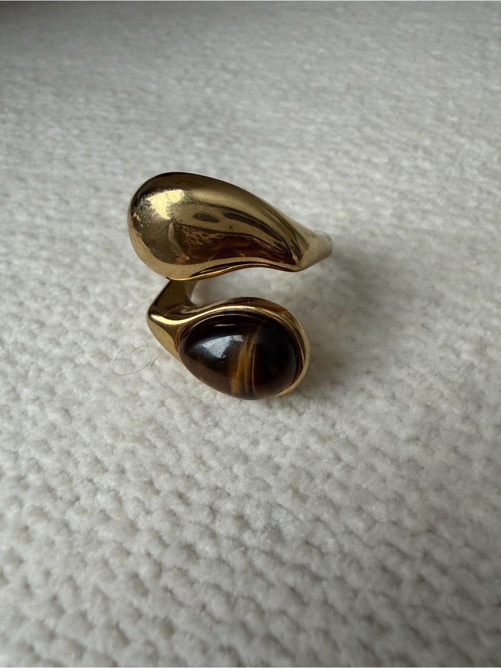 Gold-Tone Open Ring with Brown Tiger's Eye Accent - Size 7